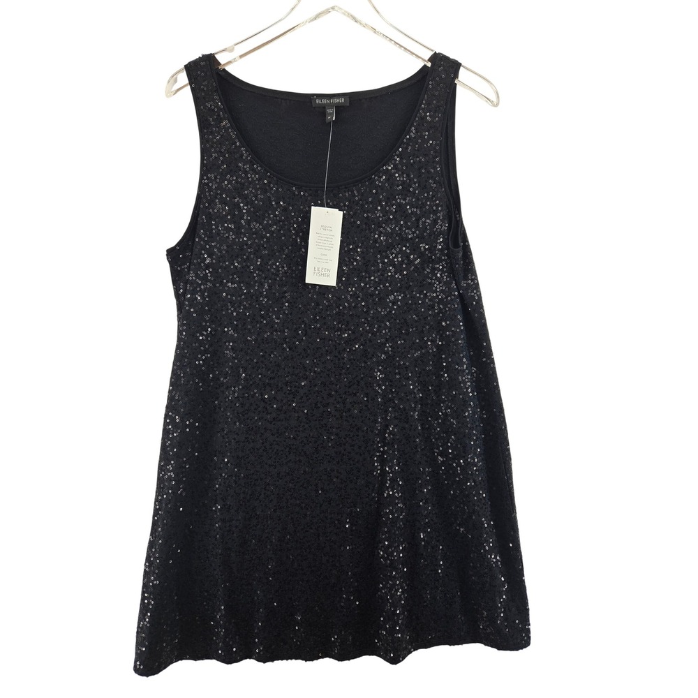 Eileen Fisher Black Sequin Stretch Silk Long Slim Tunic‎ Tank Mini Dress M NEW